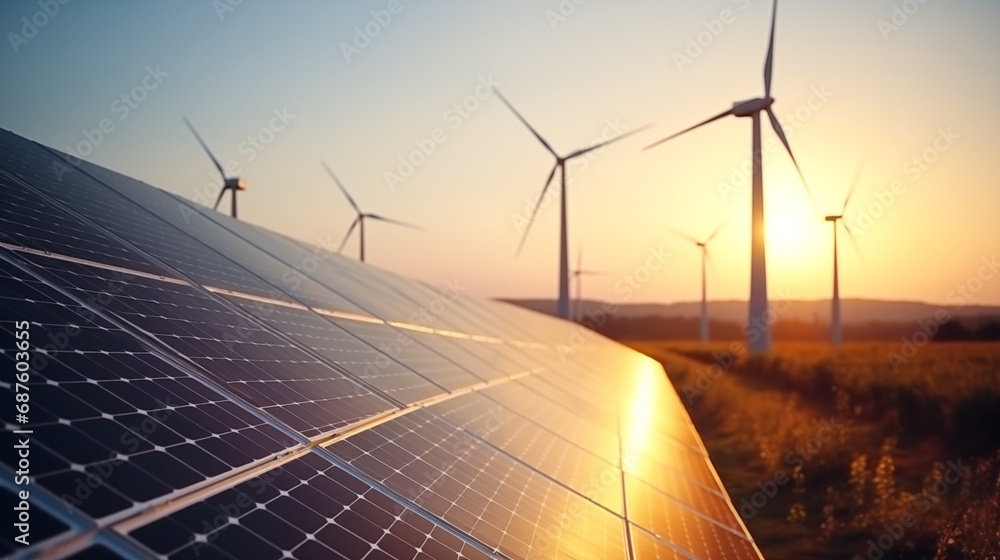Solar panels and wind turbines renewable energy background Stock Photo ...