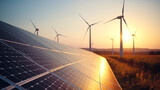 Fototapeta  - Solar panels and wind turbines renewable energy background