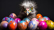 Colorful ostrich bird head with painted easter eggs on dark background