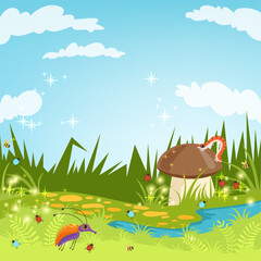 Sticker - Background with bugs. fairytale shining landscape with green grass and bugs. vector template