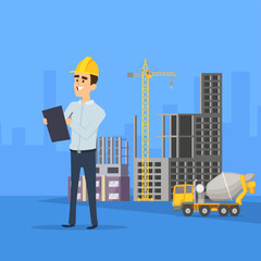 Sticker - Construction background. builder standing on construction outdoor place. Vector illustration in cartoon style