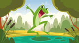 Fototapeta Pokój dzieciecy - Frog jumping. happy animal frog in pond. Vector cartoon background