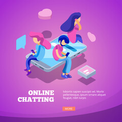 Wall Mural - online chatting. people using smartphones and laptop smart devices. connecting characters stylized v