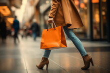 Woman Legs , Hand Hold Shopping Bag On Street