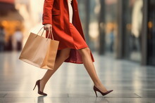 Woman Legs , Hand Hold Shopping Bag On Street