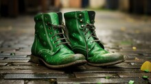 Close Up Of A Pair Of Green Boots Standing On The Street On The Cobblestones, Celebrating St. Patrick's Day During The Irish Holidays In Ireland. Leprechaun Shoes.