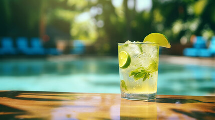 Brazilian caipirinha made with cachaca with a blurred swimming pool and greenery background