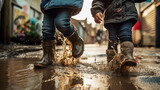 Two children with wellies stepping into puddles