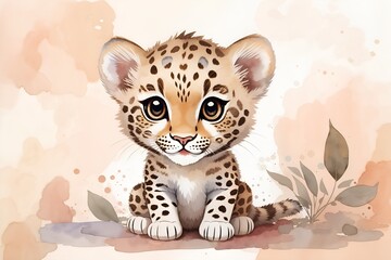 Wall Mural - Chibi kawaii wild baby leopard in watercolor with big eyes