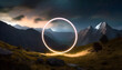 Glowing mystical round circle shaped frame portal in mountainous landscape