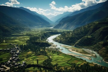 Wall Mural - Aerial view of the valley and river in Himalayas, Nepal, Aerial view of Paro Valley; Bhutan, AI Generated