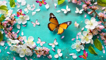 Wall Mural - beautiful spring nature background with butterfly lovely blossom petal a on turquoise blue background top view frame springtime concept