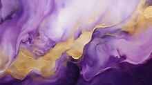 Abstract Liquid Painting. Marbled Wallpaper Background. Purple Gold Swirls White Painted Splashes Illustration.	