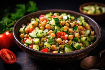 Fresh and Healthy Chickpea Salad with Tomatoes and Cucumbers on Wooden Background. Perfect Diet Food for Nourishment