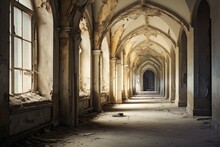 Interior Of An Old Abandoned Building With Arches And A Corridor, An Old Empty Corridor, Vintage Abandoned Building With A Window, AI Generated