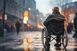 Elderly man in a wheelchair on the street in the rain,  An old man is sitting in a wheelchair on a walk in the city, rear view, AI Generated