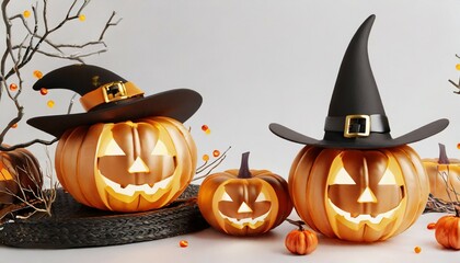 jack o lantern pumpkins wearing witch hat on white background happy halloween concept traditional october holiday 3d render illustration