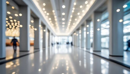 blurred defocused bokeh background of exhibition hall or convention center hallway business trade show modern white interior architecture abstract blur modern business office background