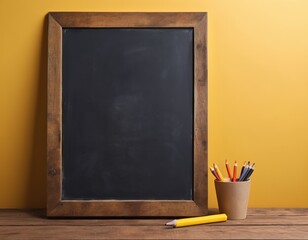 Wall Mural - 
Empty blackboard with wooden frame on wooden table over yellow background.