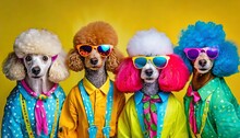 Creative Animal Concept Poodle Dog Puppy In A Group Vibrant Bright Fashionable Outfits On Solid Background Advertisement Copy Text Space Birthday Party Invite Invitation Banner
