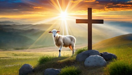 resurrection of jesus christ concept god lamb in front of the cross of jesus christ on sunrise background generative ai