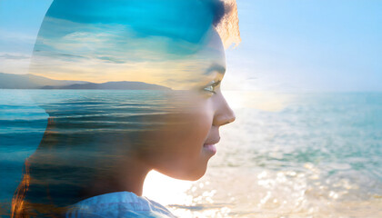 Wall Mural - Double exposure of woman and blue seascape