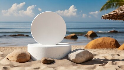 Wall Mural - a white podium in round shaped placed on the beach sand with some stones modern minimal showcase scene for cosmetic products promotion
