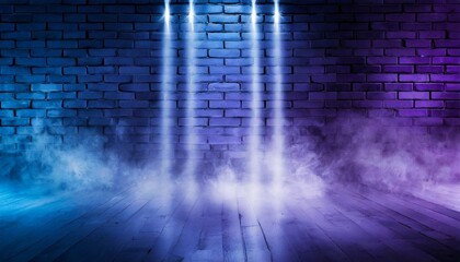 brick wall texture pattern blue and purple background an empty dark scene laser beams neon spotlights reflection on the floor and a studio room with smoke floating up for display products