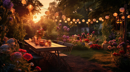 A garden birthday party comes alive at sunset, the warm glow of the sun transforming the scene into a dreamlike oasis. ai generated.