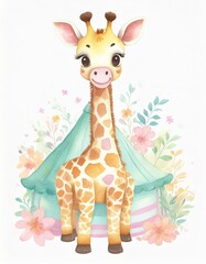 Poster - children's illustration, pastel colors, giraffe cute