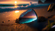Refractive clear glass crystal on sandy beach