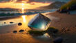 Refractive clear glass crystal on sandy beach