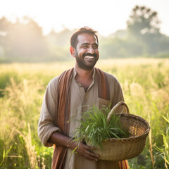 Wall Mural - Indian farmer giving happy expression at agriculture field