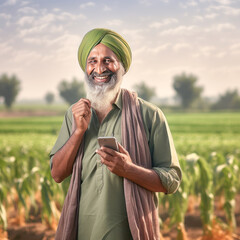 Indian farmer using smartphone at agriculture field.