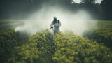 Fototapeta  - indian farmer spraying pesticide with pump at agriculture field.