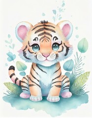 Sticker - children's illustration, pastel colors, tiger cute