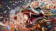 Chinese Dragon in colorful confetti background. CNY year of the dragon. Happy Chinese New Year concept. Festive illustration for wallpaper, banner, greeting card, web, poster, print.