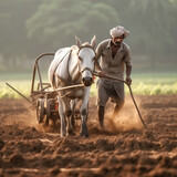 Fototapeta  - farmer working with bullock at agriculture field.