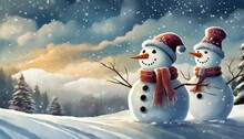 Two Snowman Sitting At Snow At Mountains, Wearing Santa Hat, Winter Landscape, Two Snowman Sitting At Snow At Mountains, Wearing Santa Hat, Winter Landscape, Christmas Snow Background