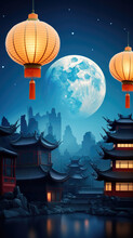 Chinese Lantern Traditional Asian Style Against The Background Of The Old Chinese City And The Blue Full Moon. Festive Background For Lunar New Year. Lantern Festival