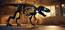 Skeleton Of A Tyrannosaurus Rex Dinosaur In Museum. T-Rex Tyrannosaurus Rex Dino Skeleton. Fossil Skeleton Of Dinosaur King Tyrannosaurus Rex. Night At The Museum With Many People. Ai Generated