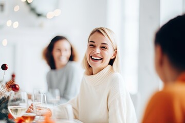 Wall Mural - Smiling blond women enjoy friendship, laughter, and drinks at a restaurant at Christmas time.