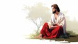 vector jesus, white background, jesus biblical smiling, young man, 30 years, brown hair and beard, dressed in a white robe and red cloak, sitting under a tree, full body, copy space, 16:9