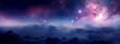 Stunning view of a starry night sky with a pink nebula over a mountain range. Banner with copy space