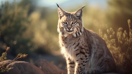 rescued bobcat perched on rock in desert at sunrise