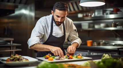 Wall Mural - Chef preparing food in the kitchen of a restaurant or hotel.