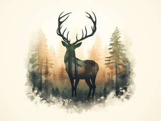 Poster - A Double Exposure Style Silhouette of a Deer with a Forest Background