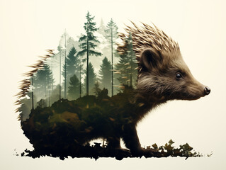 Wall Mural - A Double Exposure Style Silhouette of a Hedgehog with a Forest Background