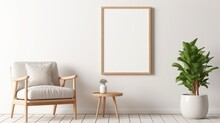 Empty Vertical Picture Frame On Cream Wall In Modern Living Room. Mock Up Interior In Minimalist, Scandinavian Style. Free, Copy Space For Picture. Console, Armchair, Cotton Plant, Vase. 3D Rendering