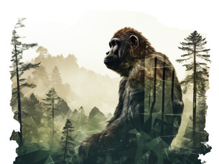 Wall Mural - A Double Exposure Style Silhouette of a Monkey with a Forest Background